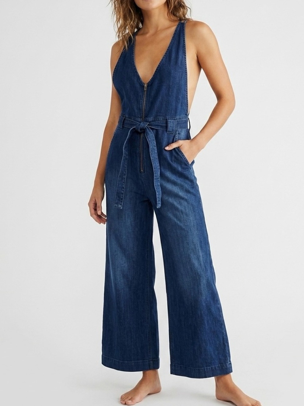 Free People CRVY Queen's Court Denim Jumpsuit 0 Cropped Inseam Coastal Boho Chic